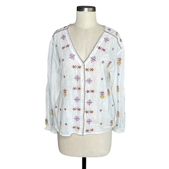 HOSS INTROPIA Button Down V-Neck Blouse Women's Size 6 White Embroidered Boho - Picture 1 of 5